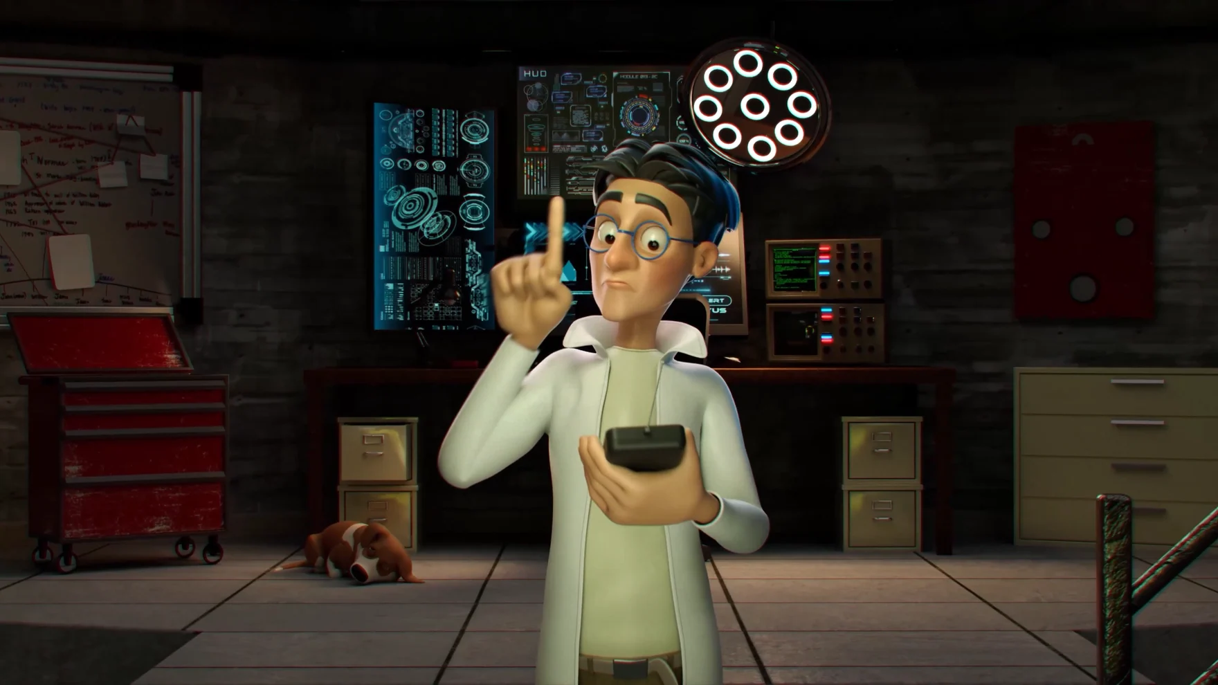 A scientist holding a remote in a laboratory