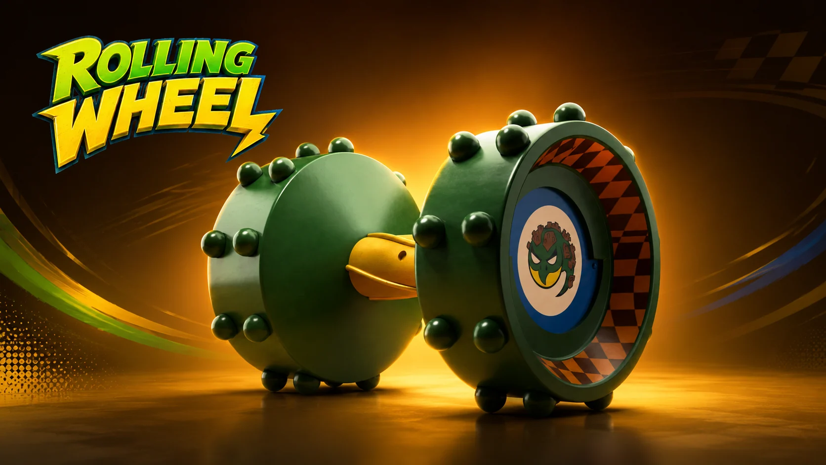 Rolling Wheels product visualization in green and gold