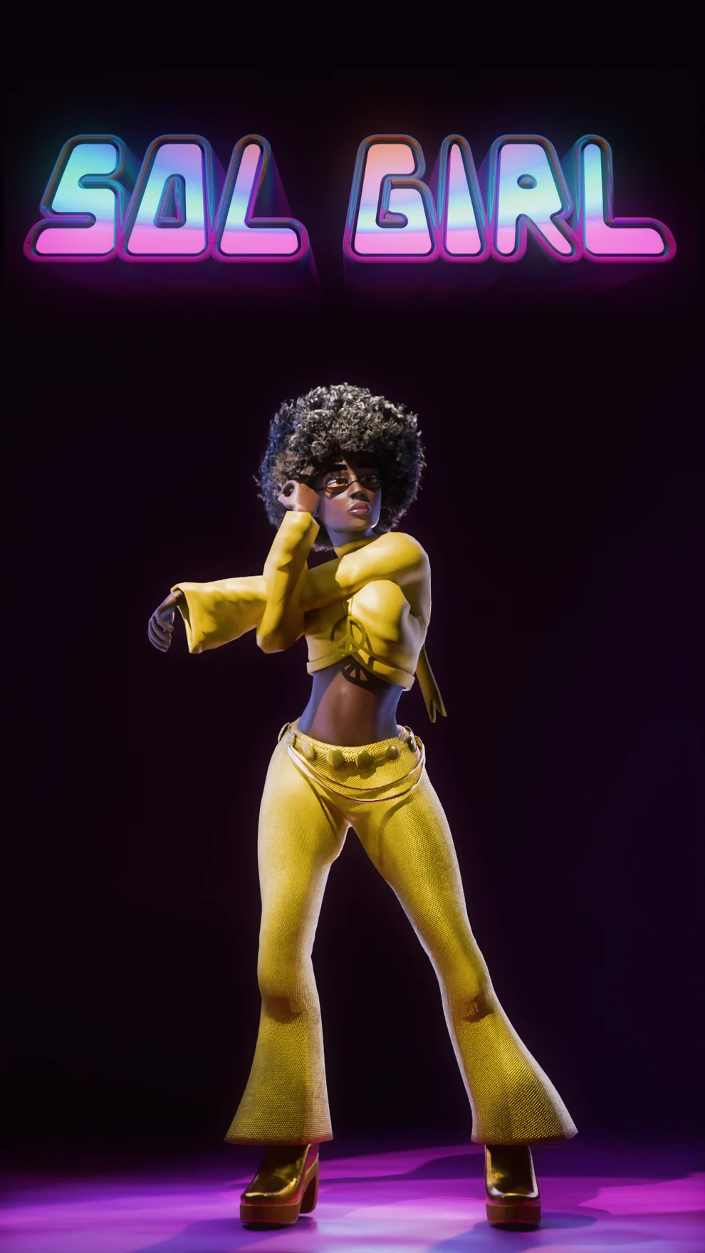 Sol Girl in a yellow outfit and platform shoes under purple lighting