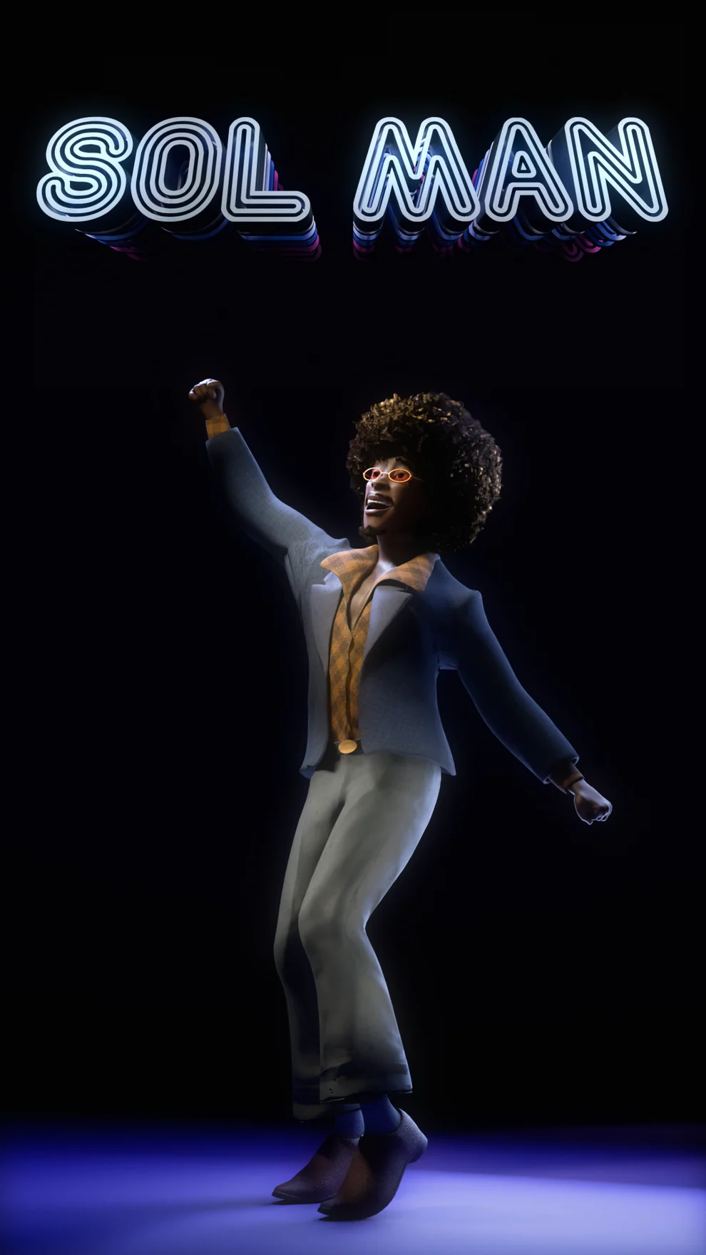 Sol Man in a blue jacket and flared trousers, posed under blue light
